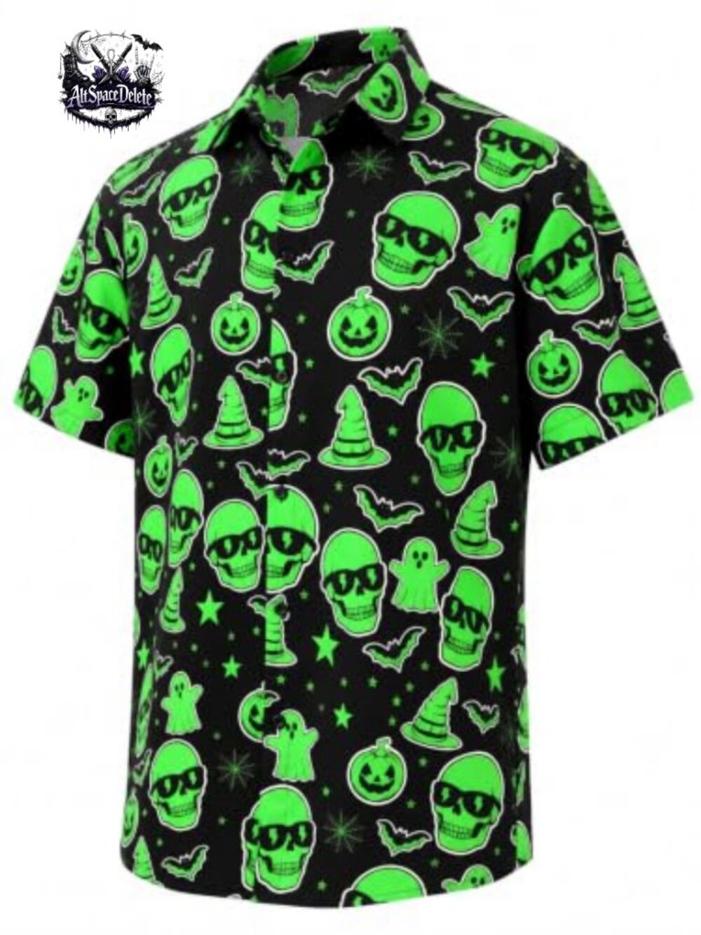 Men's Funny Halloween Skull Pumpkin Ghost Print Short Sleeve Button Down Shirt